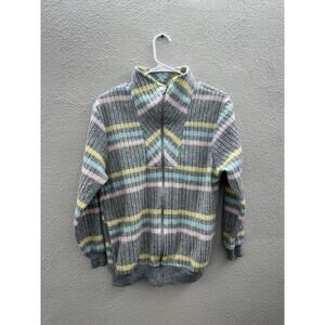 Kathy Davis Womens Sweater Size Medium Gray Striped Zip Up Cardigan Soft Ribbed